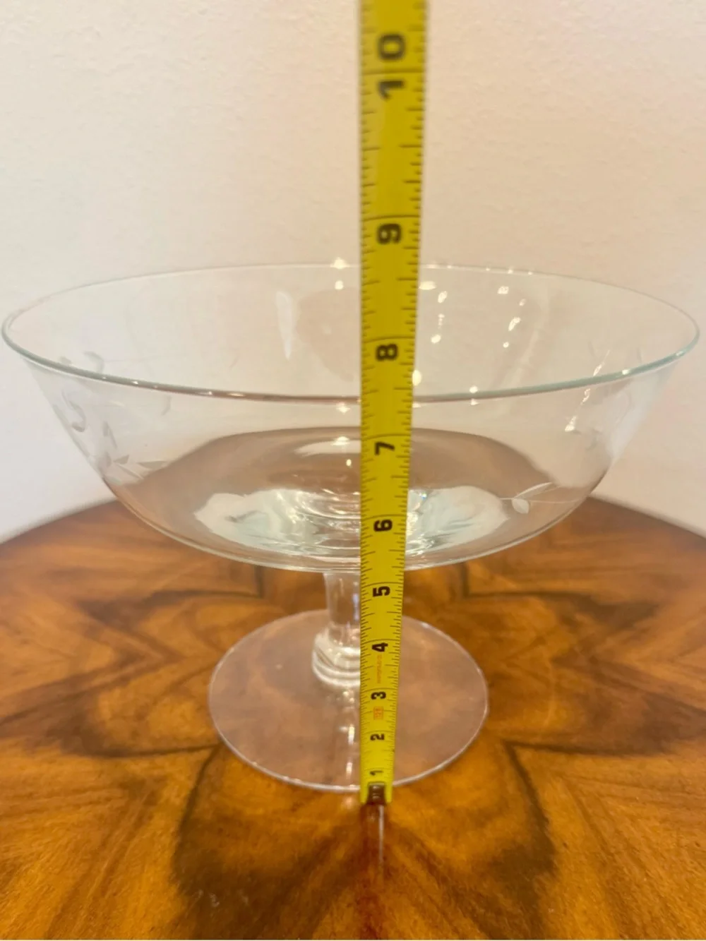 Princess House Heritage Clear Etched Glass Compote Bowl 9 5/8 X 7” Hand Blown